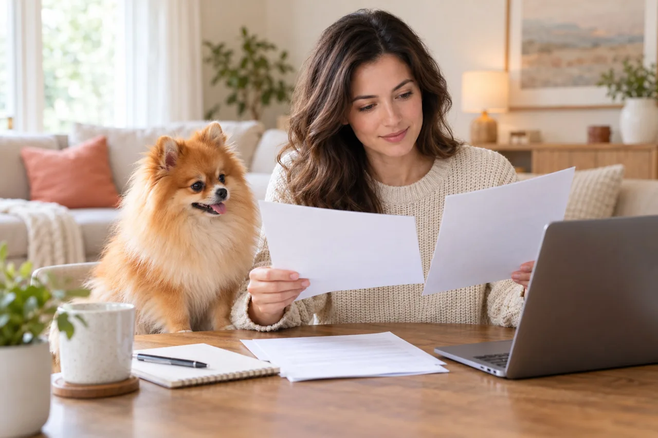 Owner reviewing a document beside a small orange dog